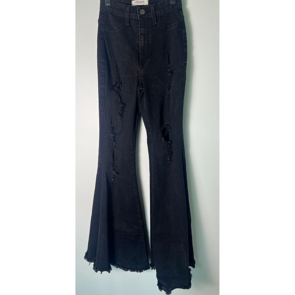 Vibrant M.I.U. Flare Jeans W 1 (W24) Black Distressed Bell Bottom High Rise Edgy